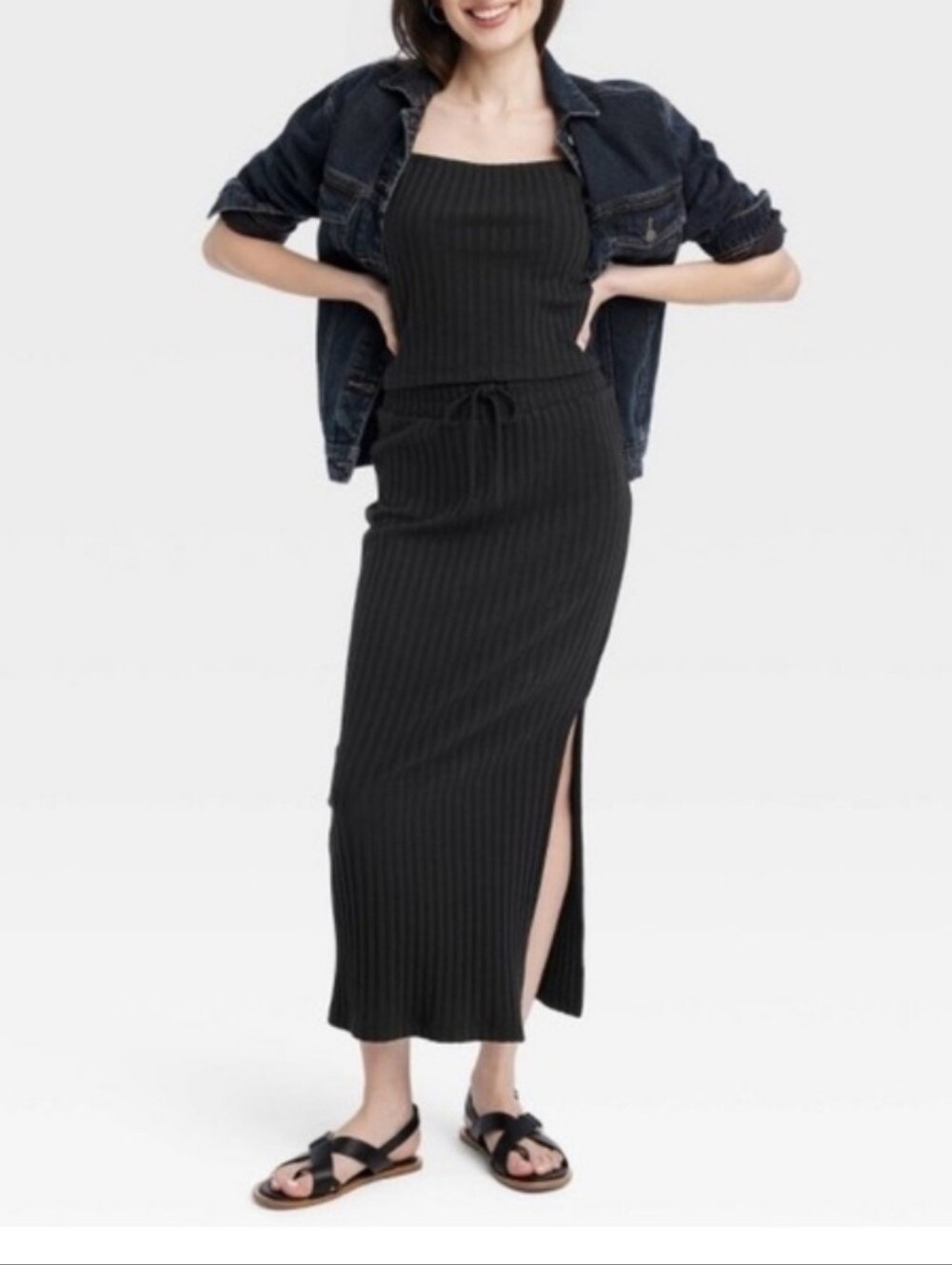 Universal Thread Black Ribbed Maxi Skirt with Side Slit Set With Ribbed Cami Top